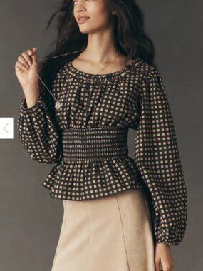 Anthropologie Square Pattern Waisted Long Sleeve Top